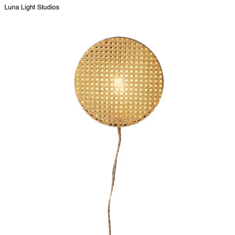 Chinese Bamboo Round Sconce Light - 1 Head Beige Wall Mounted Bedside Lighting
