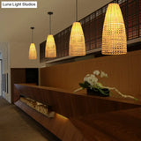 Chinese Bamboo Shade Pendant Light - Beige 1-Bulb Elongated Drop Restaurant Style