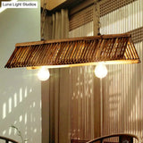 Chinese Bamboo Triangular Island Light - Brown Pendant Lighting Fixture With 2 Heads For Tearoom
