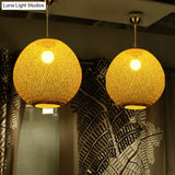 Chinese Beige Globe Pendant Light Fixture - Bamboo Suspension Lighting For Living Room