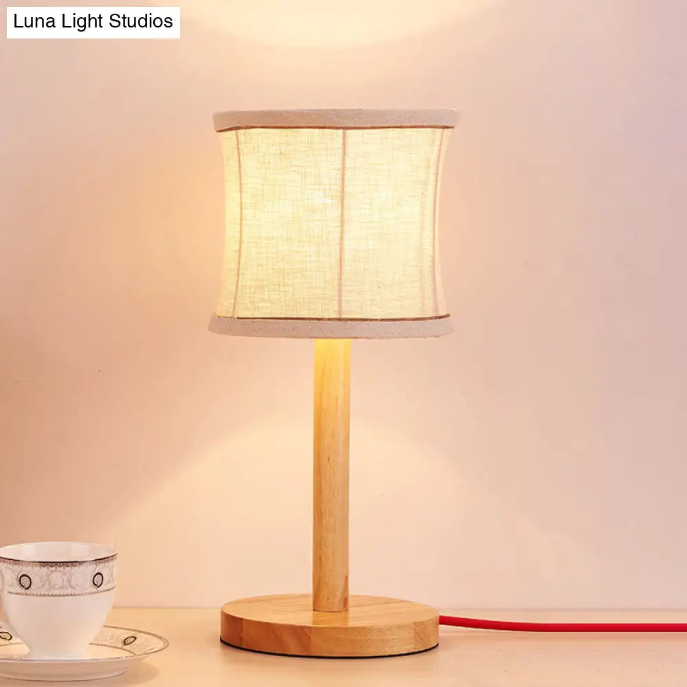 Chinese Beige Night Table Lamp With Barrel Fabric Shade - 1 Bulb Bedroom Task Light