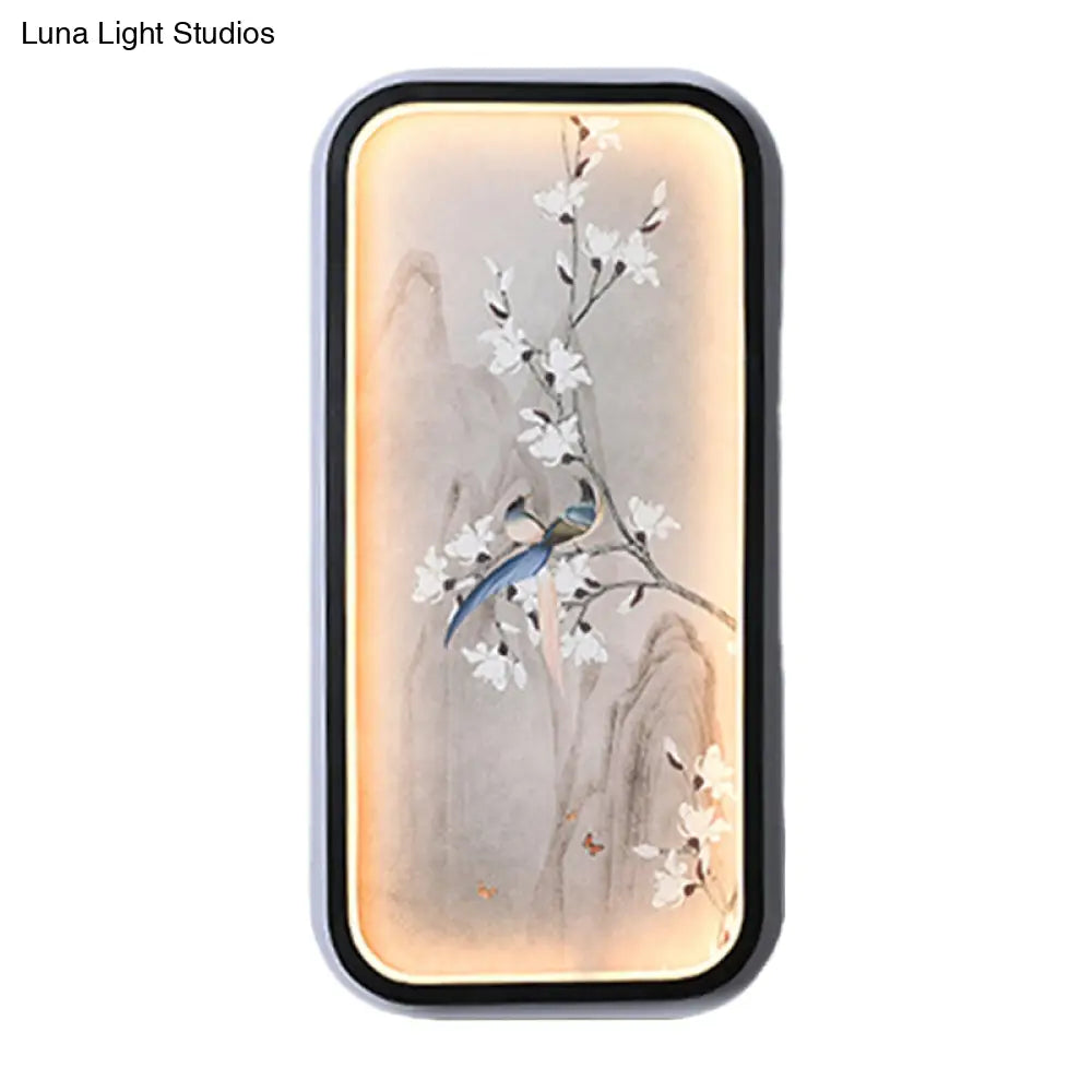 Chinese Bird And Flower Fabric Mural Lamp: Led Wall Mounted Lighting Black & White