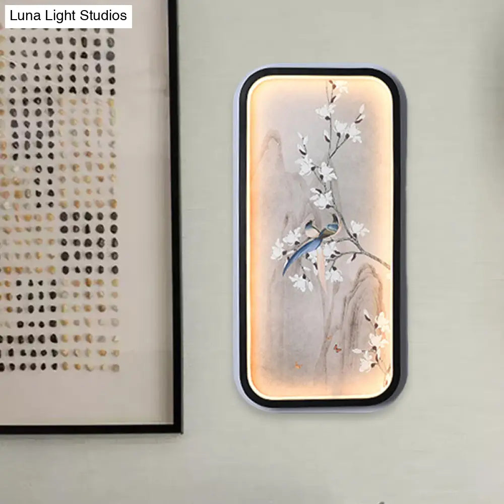 Chinese Bird And Flower Fabric Mural Lamp: Led Wall Mounted Lighting Black & White