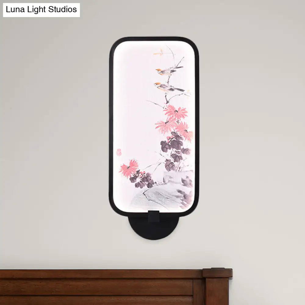 Chinese Black Led Wall Sconce With Metallic Chrysanths/Lotus Mural Lighting - Perfect For Your