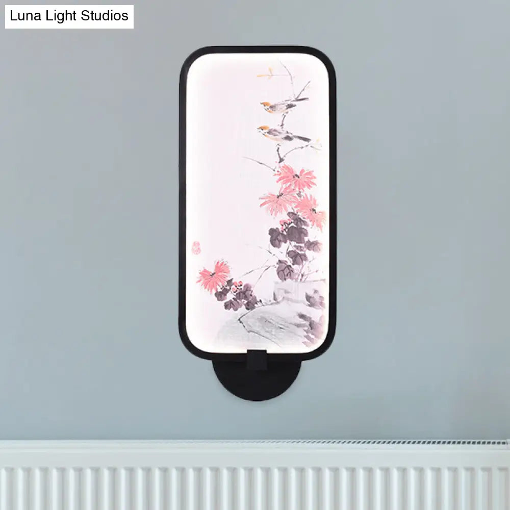 Chinese Black Led Wall Sconce With Metallic Chrysanths/Lotus Mural Lighting - Perfect For Your