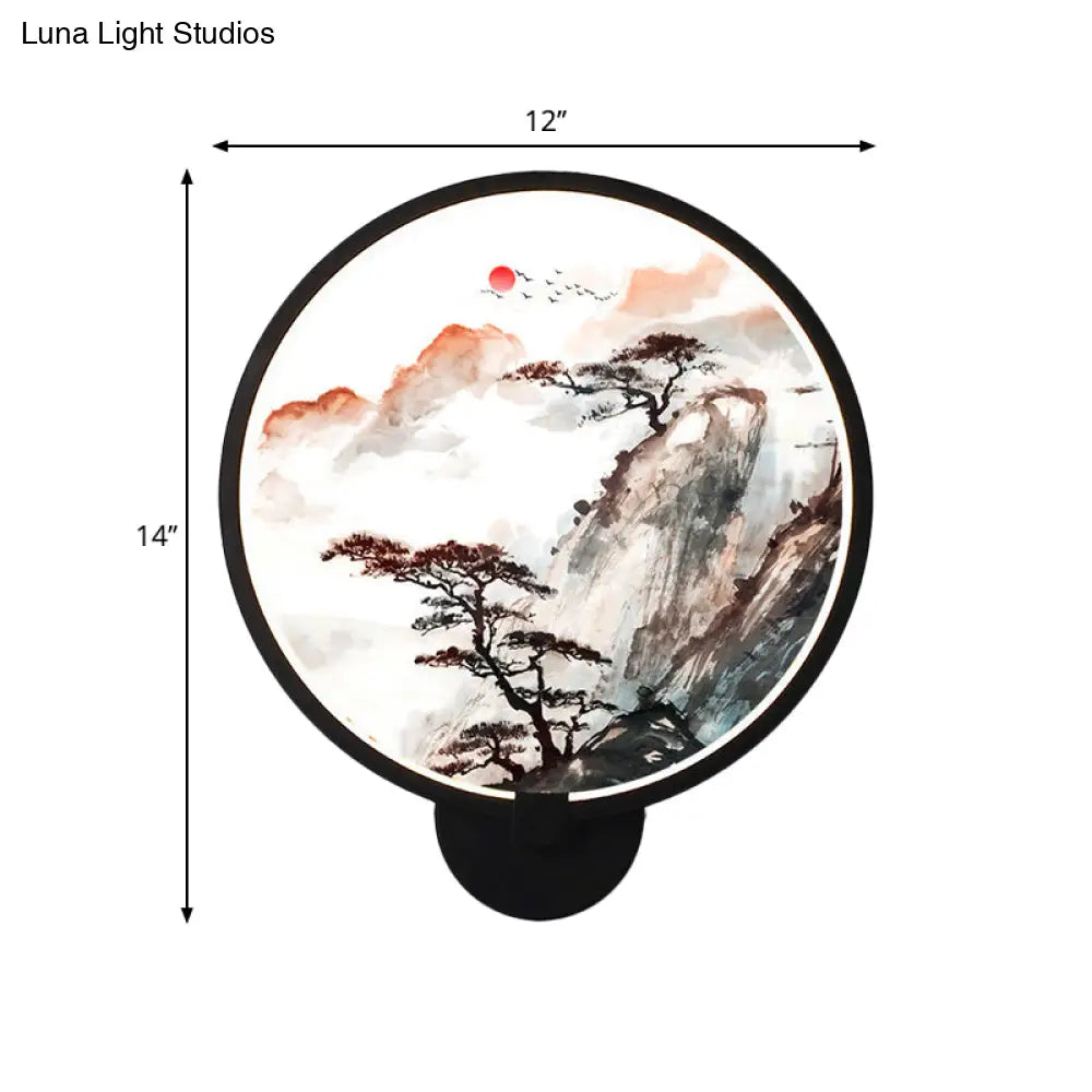 Chinese Black Pine Tree Led Wall Light With Mountain Mural - Stylish Hallway Lighting Fixture