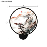 Chinese Black Pine Tree Led Wall Light With Mountain Mural - Stylish Hallway Lighting Fixture