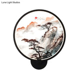 Chinese Black Pine Tree Led Wall Light With Mountain Mural - Stylish Hallway Lighting Fixture