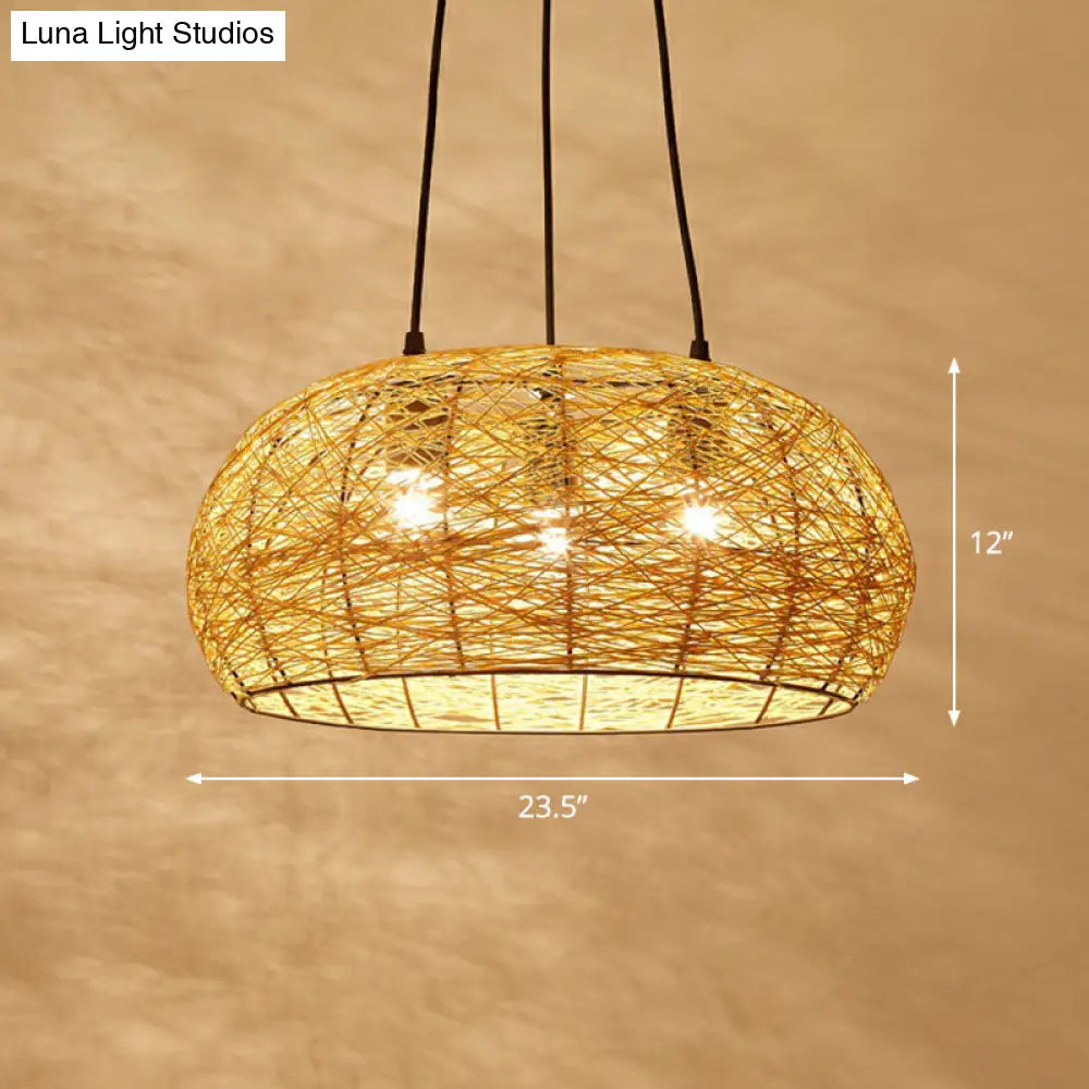 Chinese Dome Rattan Chandelier With 3 Pendant Lights For Restaurants