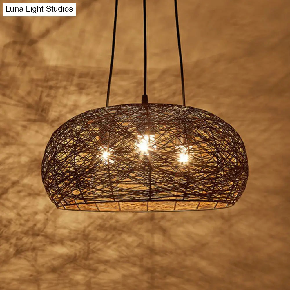 Chinese Dome Rattan Chandelier With 3 Pendant Lights For Restaurants