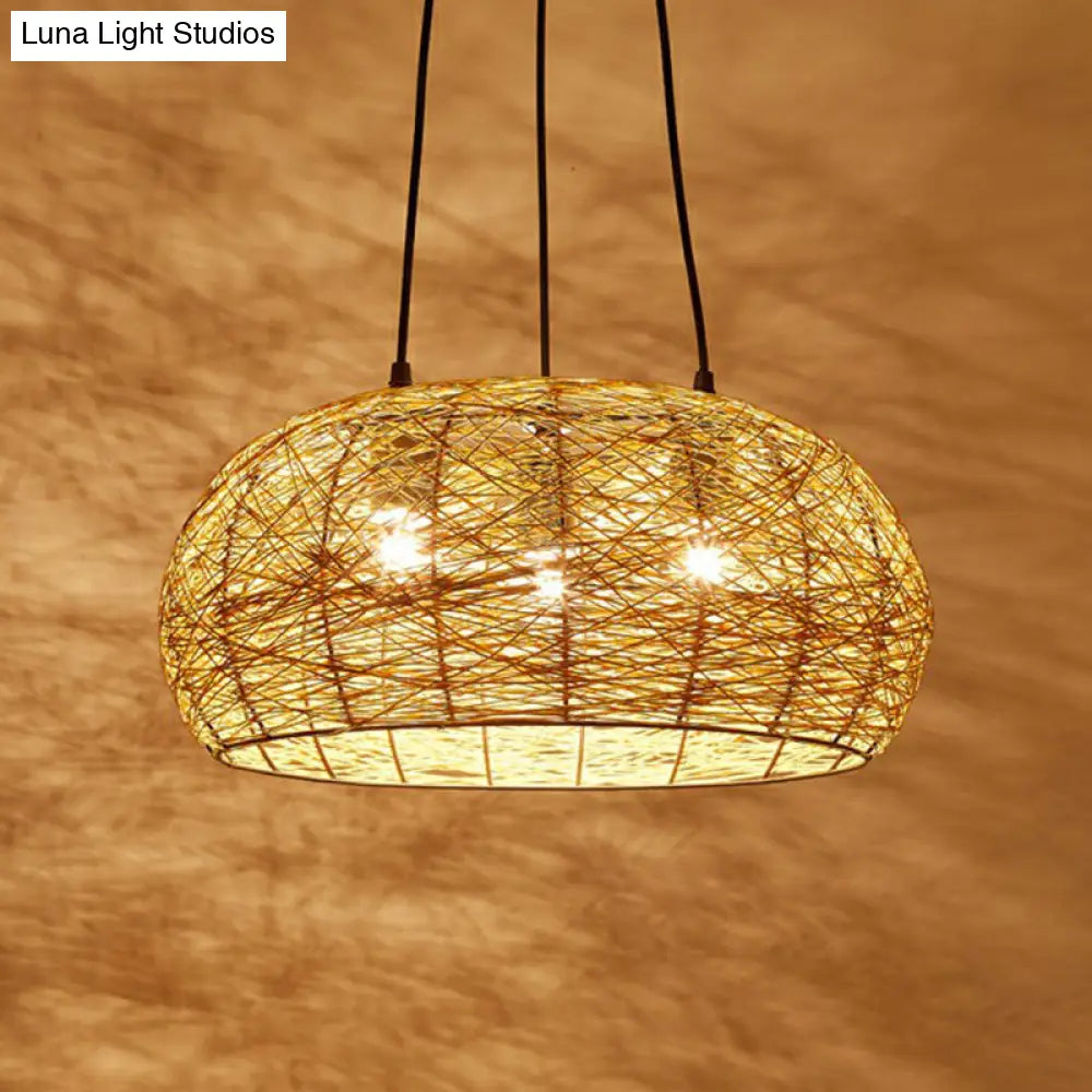 Chinese Dome Rattan Chandelier With 3 Pendant Lights For Restaurants