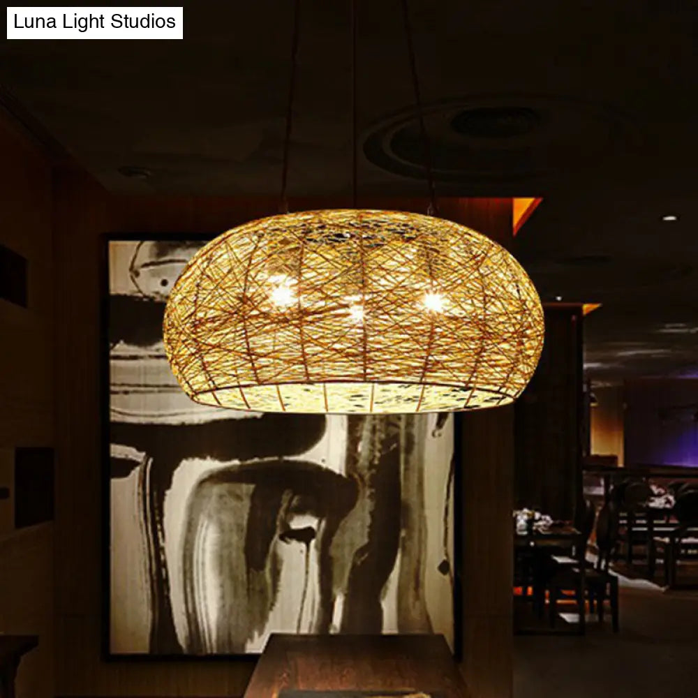 Chinese Dome Rattan Chandelier With 3 Pendant Lights For Restaurants