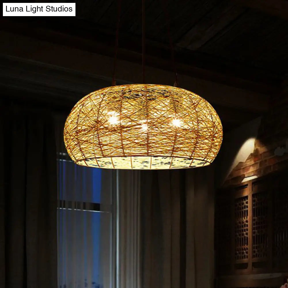 Chinese Dome Rattan Chandelier With 3 Pendant Lights For Restaurants