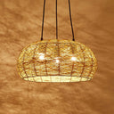 Chinese Dome Rattan Chandelier With 3 Pendant Lights For Restaurants Flaxen / 18