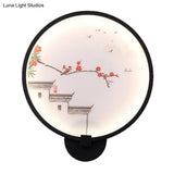 Chinese Ink House/Lotus Mural Led Circle Wall Sconce Light In Black - Acrylic Bedroom