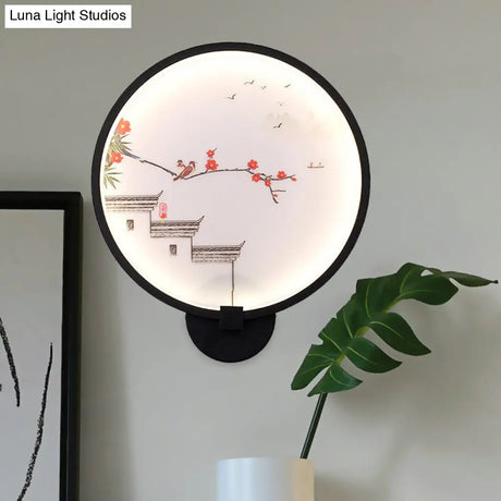 Chinese Ink House/Lotus Mural Led Circle Wall Sconce Light In Black - Acrylic Bedroom