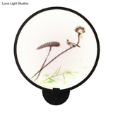 Chinese Ink House/Lotus Mural Led Circle Wall Sconce Light In Black - Acrylic Bedroom