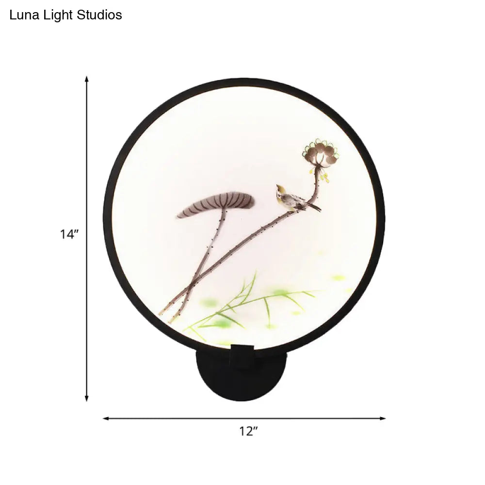 Chinese Ink House/Lotus Mural Led Circle Wall Sconce Light In Black - Acrylic Bedroom