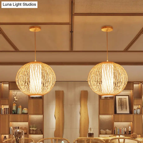Chinese-Inspired Beige Globe Pendant Lamp With Bamboo Hanging Light Kit - Inner White Cylinder Shade