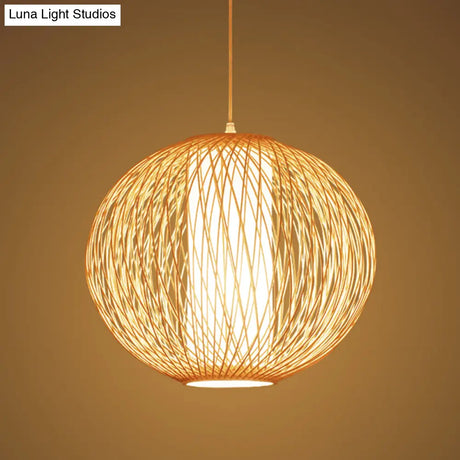 Chinese-Inspired Beige Globe Pendant Lamp With Bamboo Hanging Light Kit - Inner White Cylinder Shade