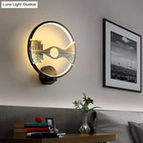 Chinese-Inspired Black/White Led Acrylic Wall Sconce - 12 Circular Lamp With Scenic Pattern