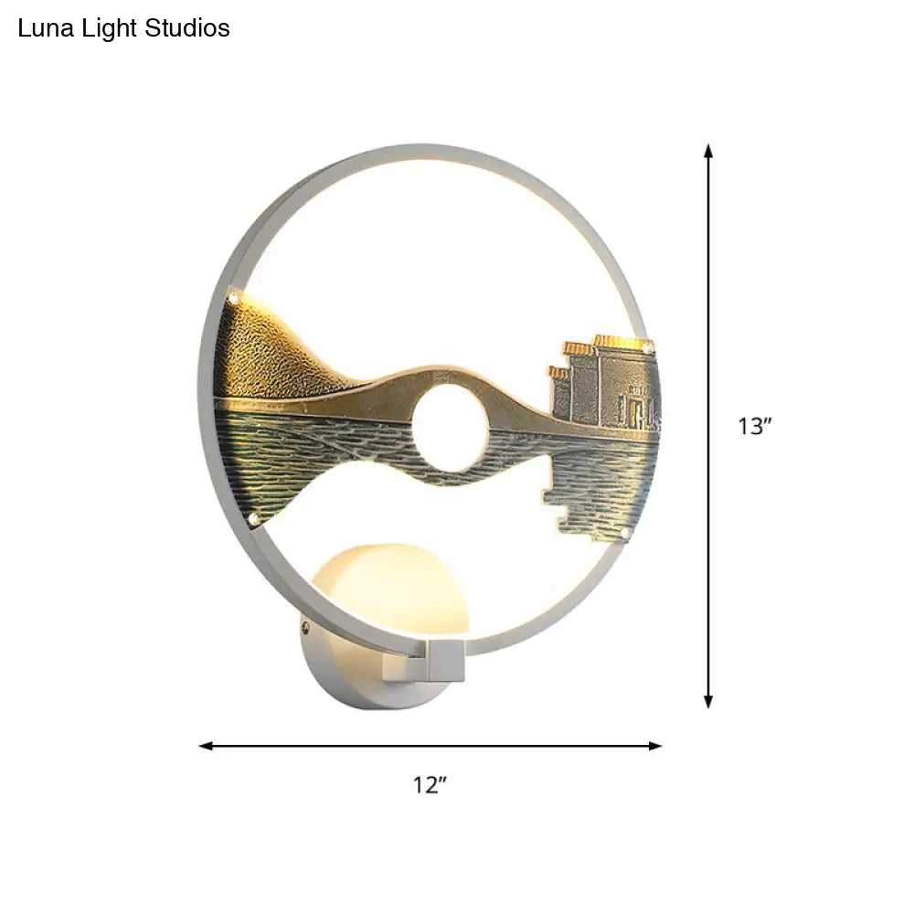 Chinese-Inspired Black/White Led Acrylic Wall Sconce - 12 Circular Lamp With Scenic Pattern