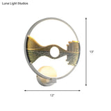 Chinese-Inspired Black/White Led Acrylic Wall Sconce - 12 Circular Lamp With Scenic Pattern