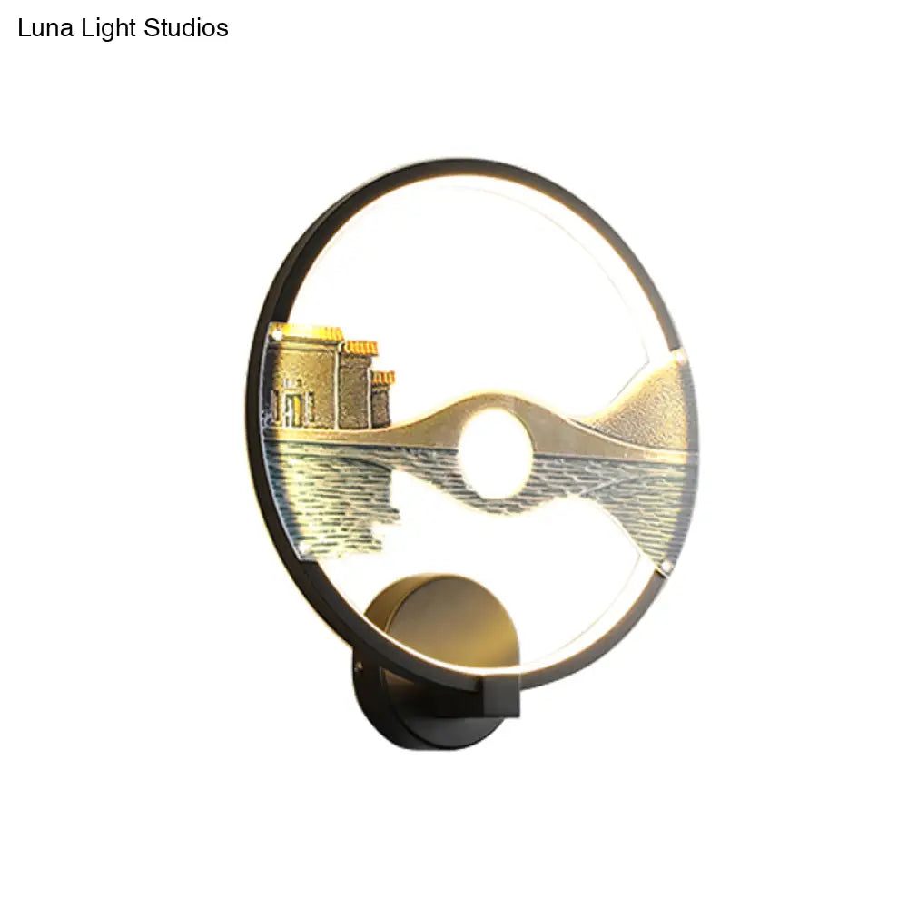 Chinese-Inspired Black/White Led Acrylic Wall Sconce - 12 Circular Lamp With Scenic Pattern