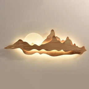 Chinese-Inspired Moon And Mountain Wall Sconce For Living Room Light Wood / Warm