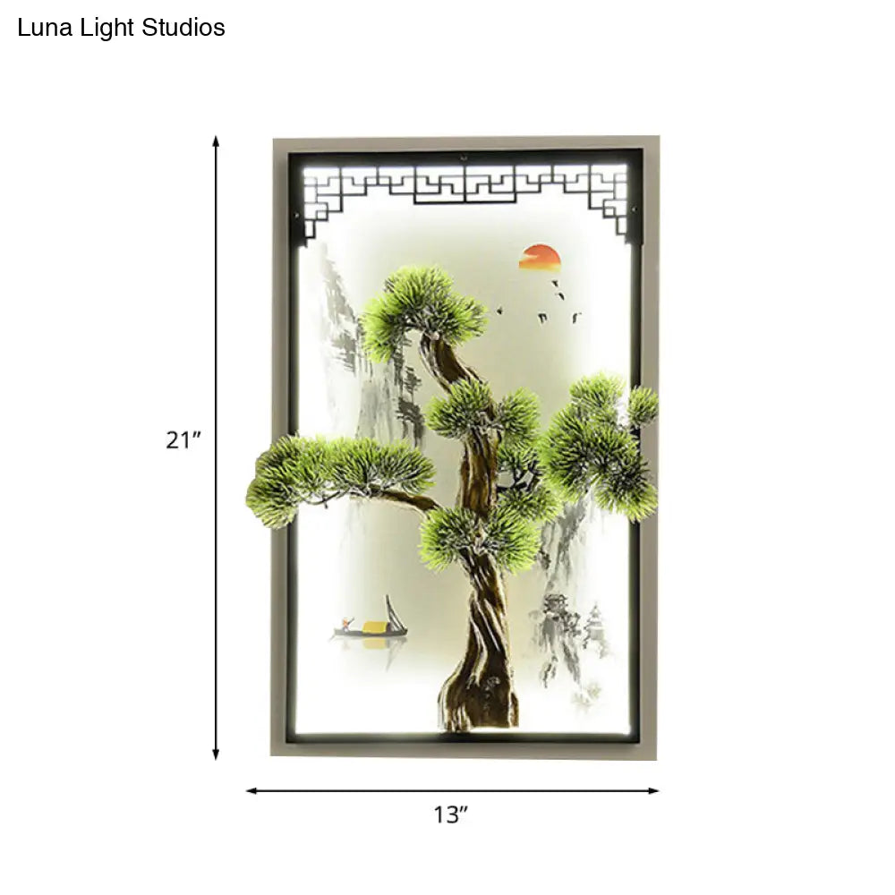 Chinese Landscape Pine Tree Iron Mural Sconce Light With Led Flush Mount - Green Decor