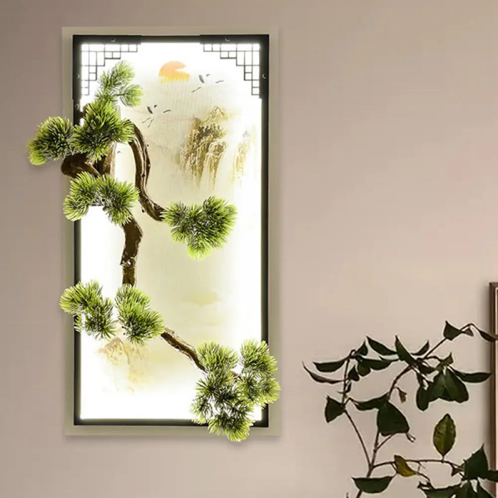 Chinese Landscape Pine Tree Iron Mural Sconce Light With Led Flush Mount - Green Decor / A