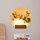 Chinese Led Acrylic Mural Light With Circular Birds And Flowers Wood Wall Mount