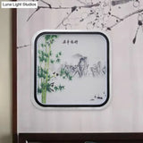 Chinese Led Flush Mount Wall Light With Black Leaf/Flower Painting And Fabric Shade