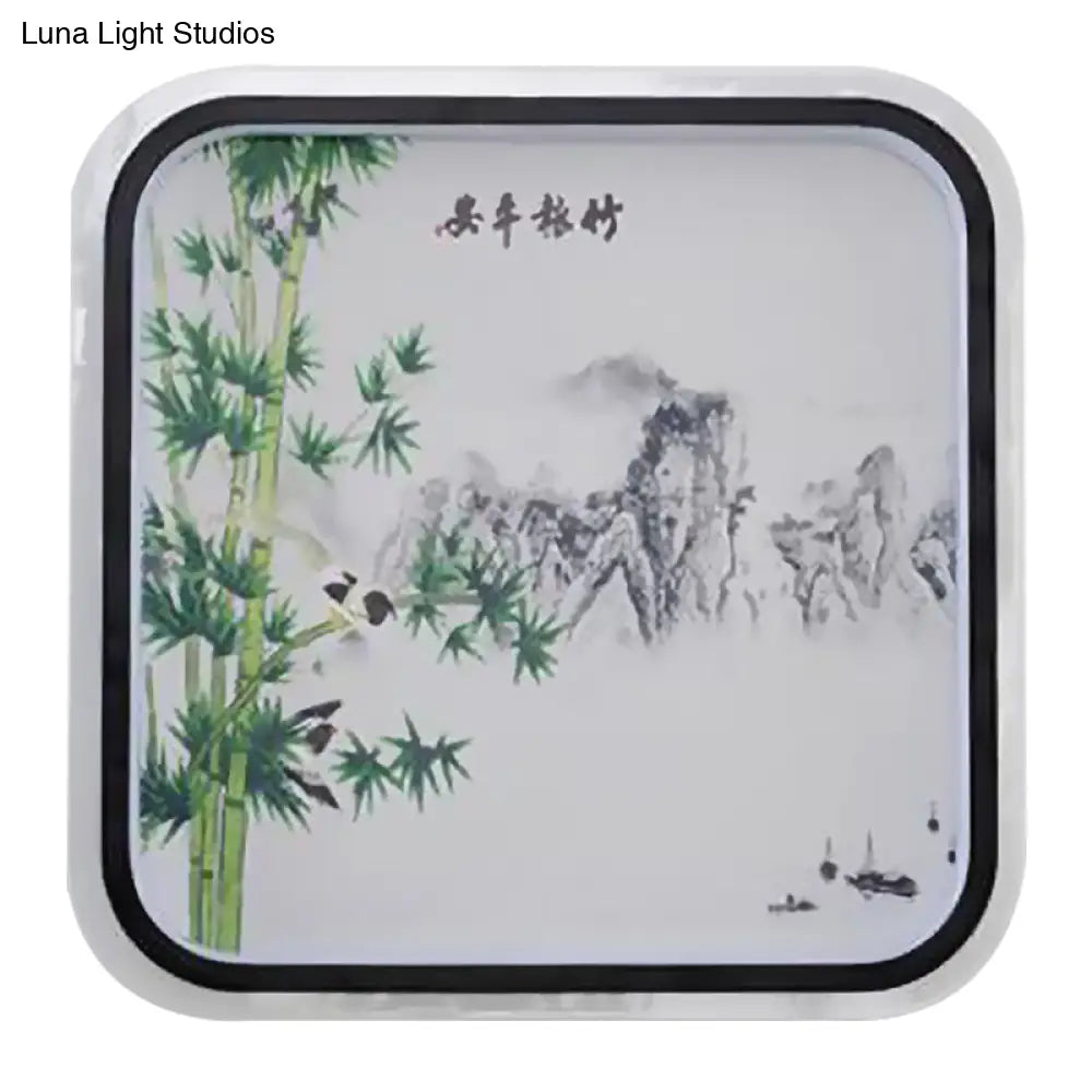 Chinese Led Flush Mount Wall Light With Black Leaf/Flower Painting And Fabric Shade