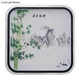 Chinese Led Flush Mount Wall Light With Black Leaf/Flower Painting And Fabric Shade