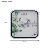 Chinese Led Flush Mount Wall Light With Black Leaf/Flower Painting And Fabric Shade