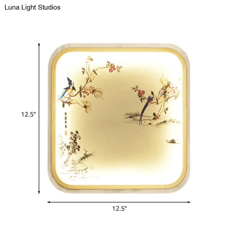 Chinese Led Flush Mount Wall Light With Black Leaf/Flower Painting And Fabric Shade