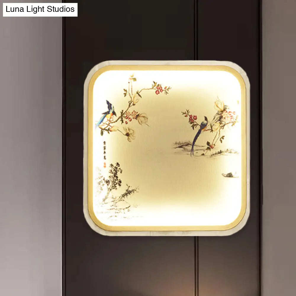 Chinese Led Flush Mount Wall Light With Black Leaf/Flower Painting And Fabric Shade