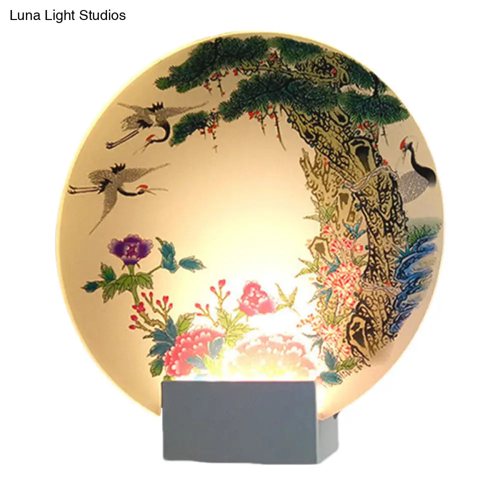 Chinese Led Wall Lamp With Halcyon And Peony Pattern - White Disc Shape