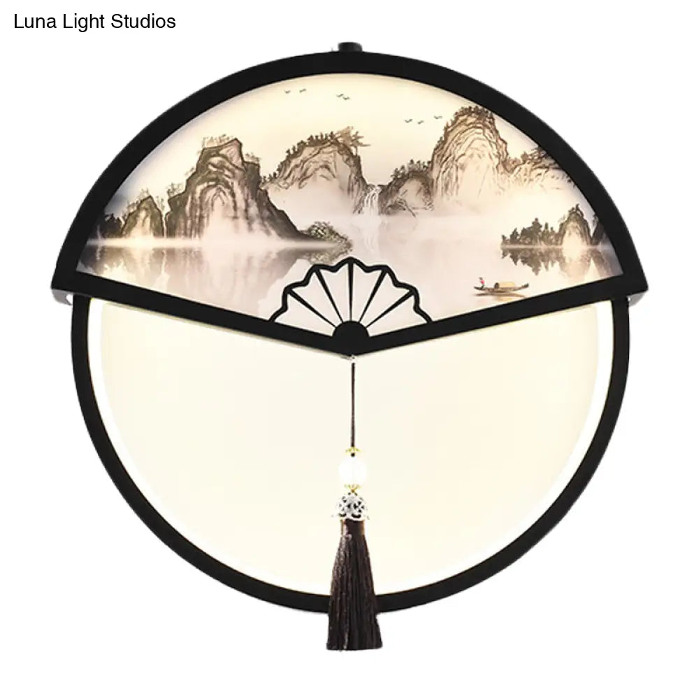 Chinese Metal Black Fan-Shaped Led Wall Lamp With Mountain Scene Mural Light And Tassel Knot Accent