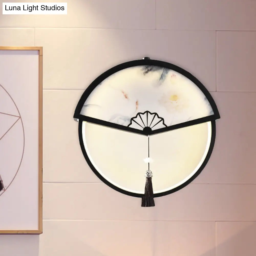 Chinese Metal Black Fan-Shaped Led Wall Lamp With Mountain Scene Mural Light And Tassel Knot Accent