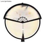 Chinese Metal Black Fan-Shaped Led Wall Lamp With Mountain Scene Mural Light And Tassel Knot Accent