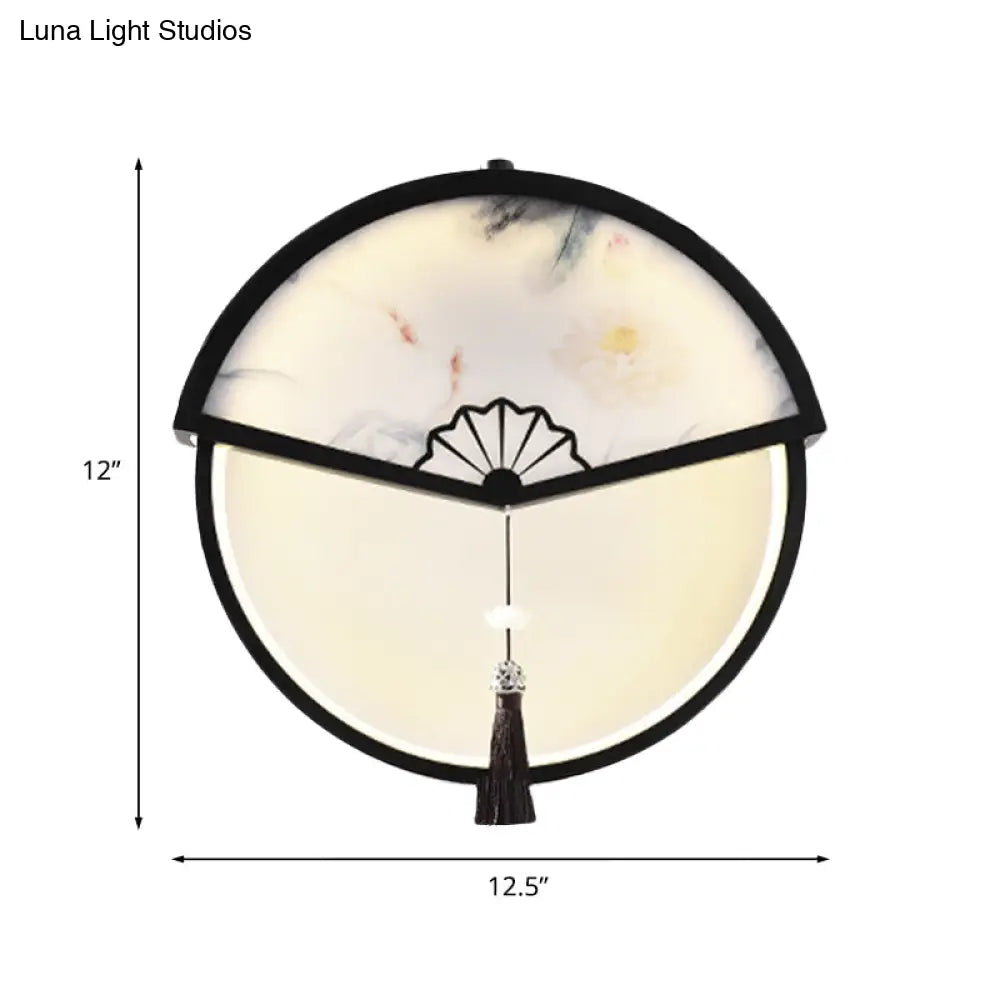 Chinese Metal Black Fan-Shaped Led Wall Lamp With Mountain Scene Mural Light And Tassel Knot Accent