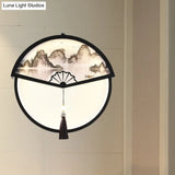 Chinese Metal Black Fan-Shaped Led Wall Lamp With Mountain Scene Mural Light And Tassel Knot Accent