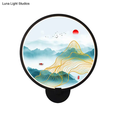 Chinese Metal Led Wall Lamp With Circular Natural View - Black Mural Light For Bedroom