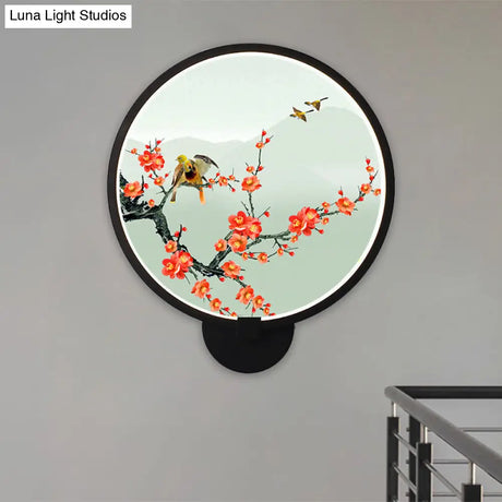 Chinese Metal Led Wall Lamp With Circular Natural View - Black Mural Light For Bedroom