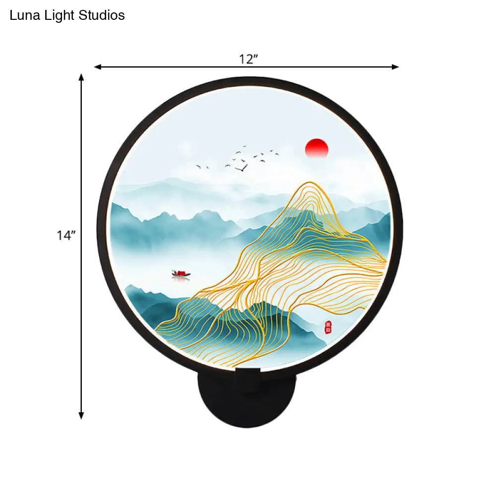 Chinese Metal Led Wall Lamp With Circular Natural View - Black Mural Light For Bedroom