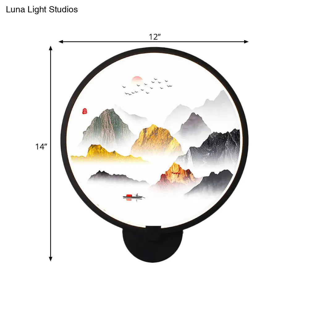 Chinese Metal Led Wall Lamp With Circular Natural View - Black Mural Light For Bedroom