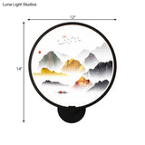 Chinese Metal Led Wall Lamp With Circular Natural View - Black Mural Light For Bedroom