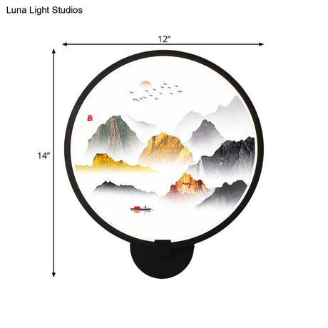 Chinese Metal Led Wall Lamp With Circular Natural View - Black Mural Light For Bedroom